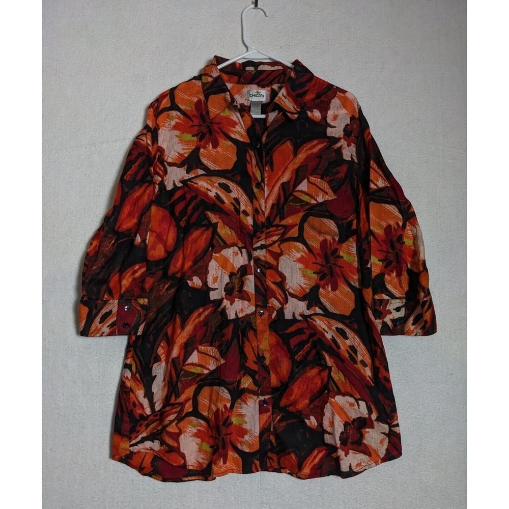 Chicos Womens Shirt Top Size‎ 3 XL Linen 3/4 Sleeve Orange Red Black